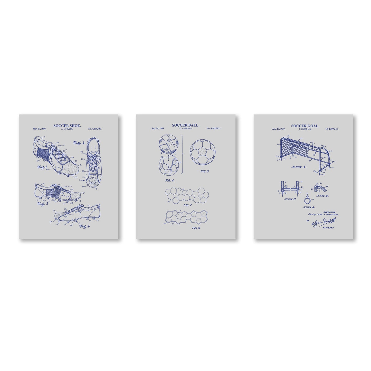 Soccer Patent Wall Art Set - Goal, Shoe, Ball - Ready to Frame Prints