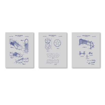Soccer Patent Wall Art Set - Goal, Shoe, Ball - Ready to Frame Prints
