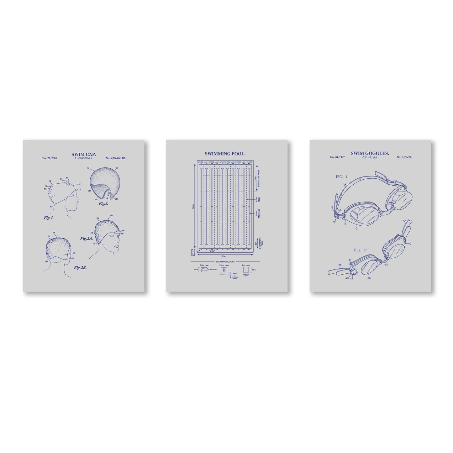 Three framed blueprints of swim cap, pool, and goggles on a gray background