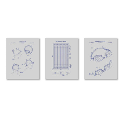 Three framed blueprints of swim cap, pool, and goggles on a gray background