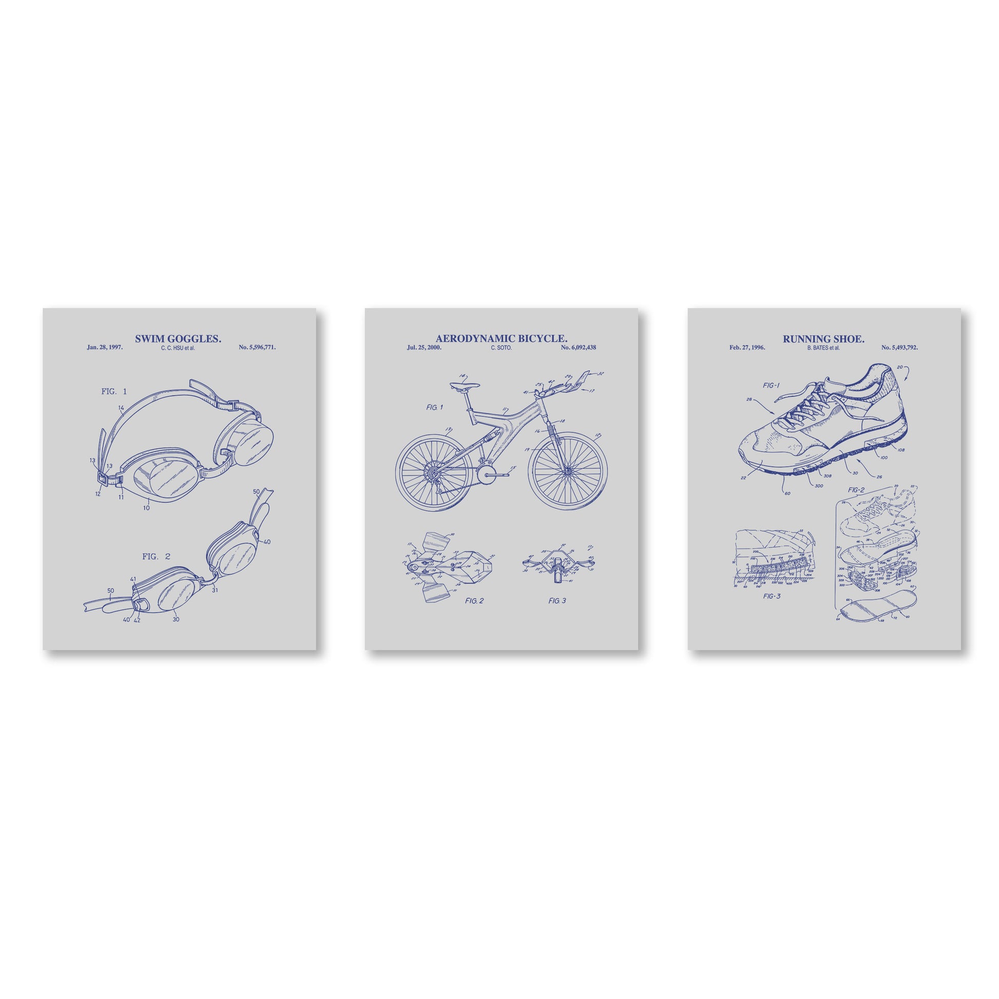 Three framed blueprints of a swim goggles, bicycle, and running shoe on a gray background.