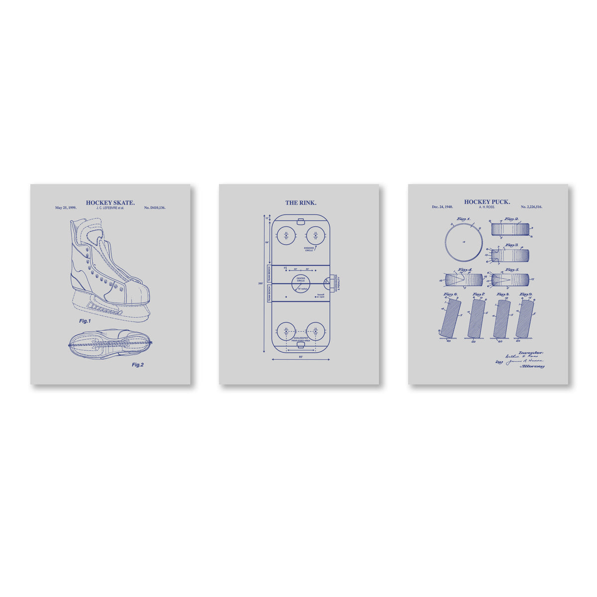 Hockey Wall Art Set - Skate, Puck & Rink - Ready to Frame Prints