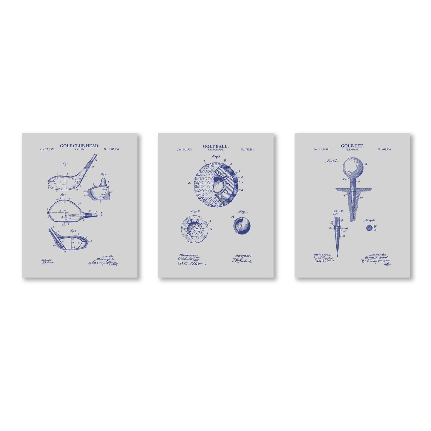 Three framed golf-themed prints on a white background
