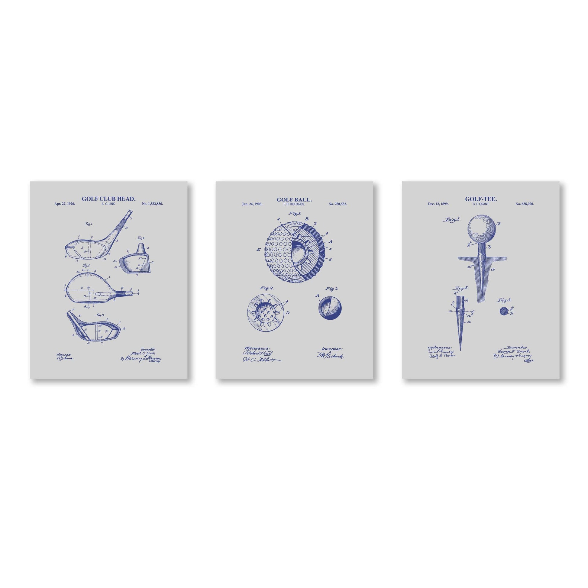 Three framed golf-themed prints on a white background