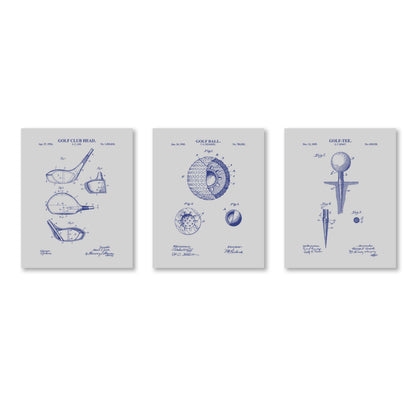 Three framed golf-themed prints on a white background