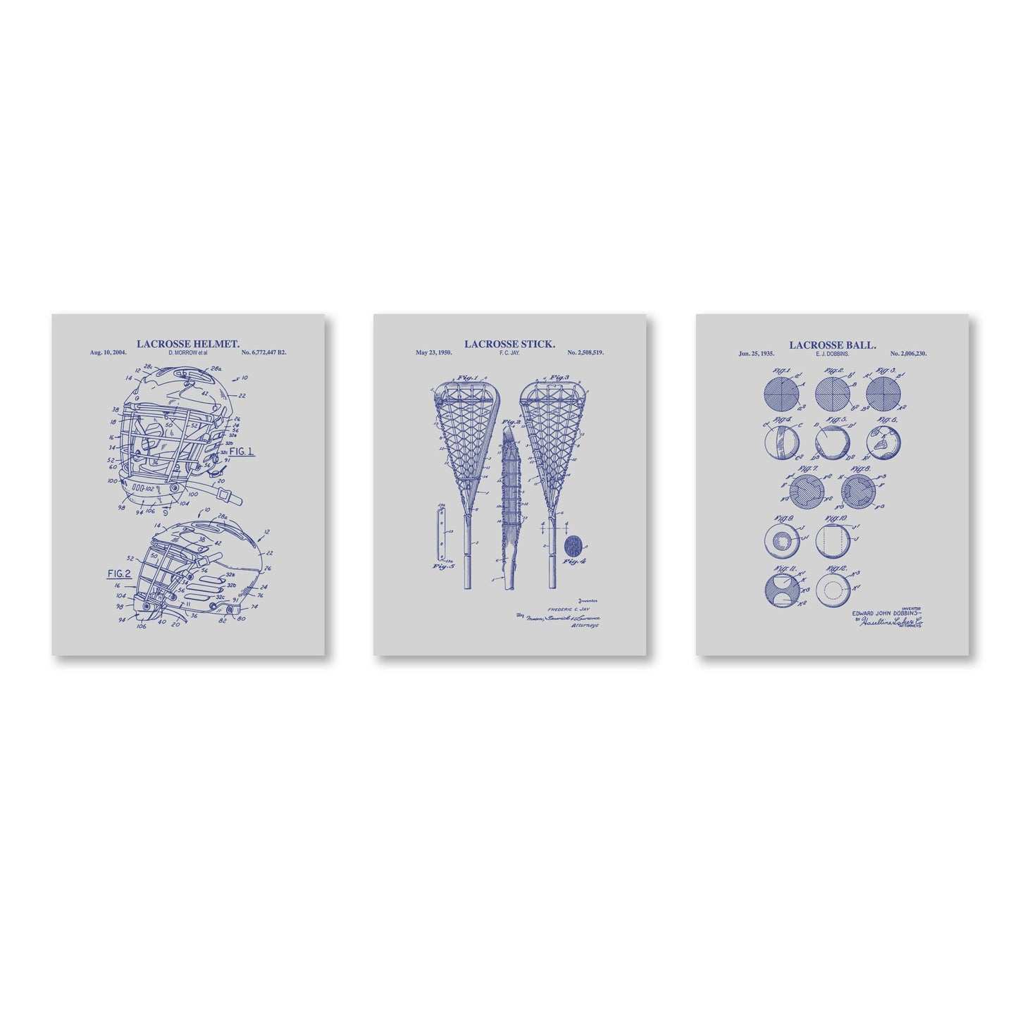 Set of three lacrosse-themed prints on a gray background with navy graphic