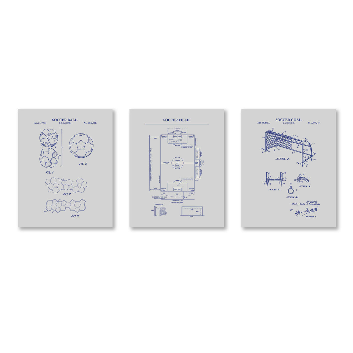 Three vertical soccer-themed patent-style art prints in light gray with blue technical drawings, shown side by side on a white background.