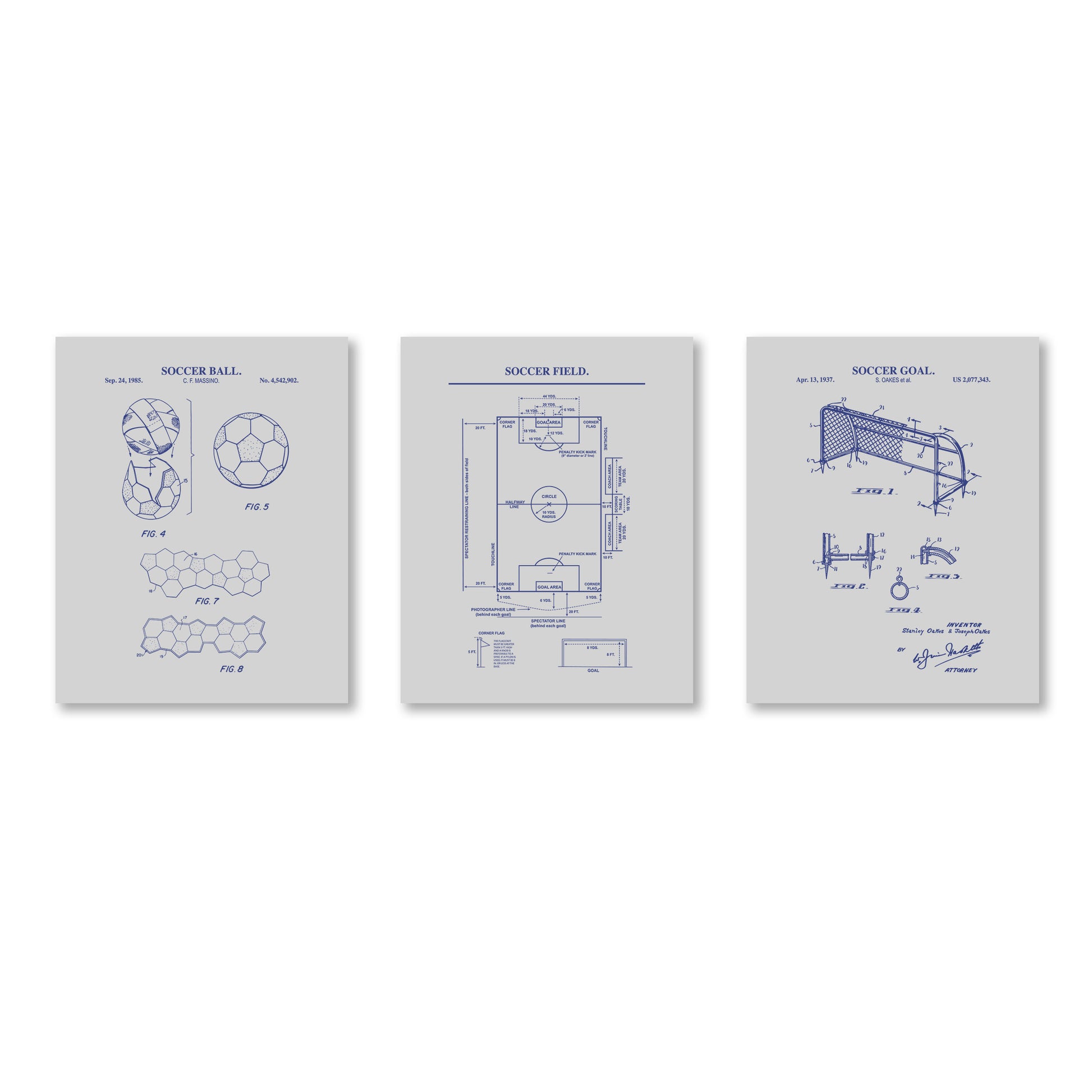 Three vertical soccer-themed patent-style art prints in light gray with blue technical drawings, shown side by side on a white background.