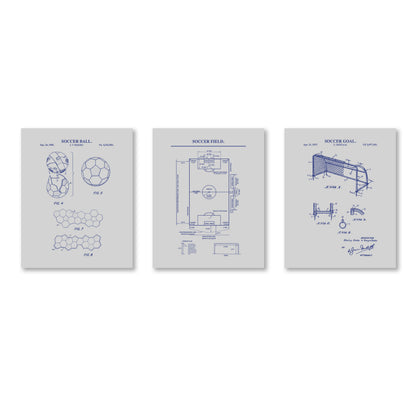 Three vertical soccer-themed patent-style art prints in light gray with blue technical drawings, shown side by side on a white background.