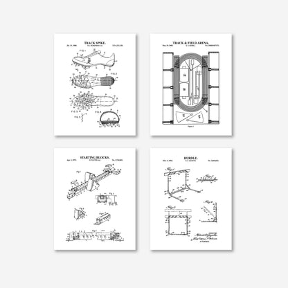 Four black and white prints of track and field equipment and arena diagrams on a white background.