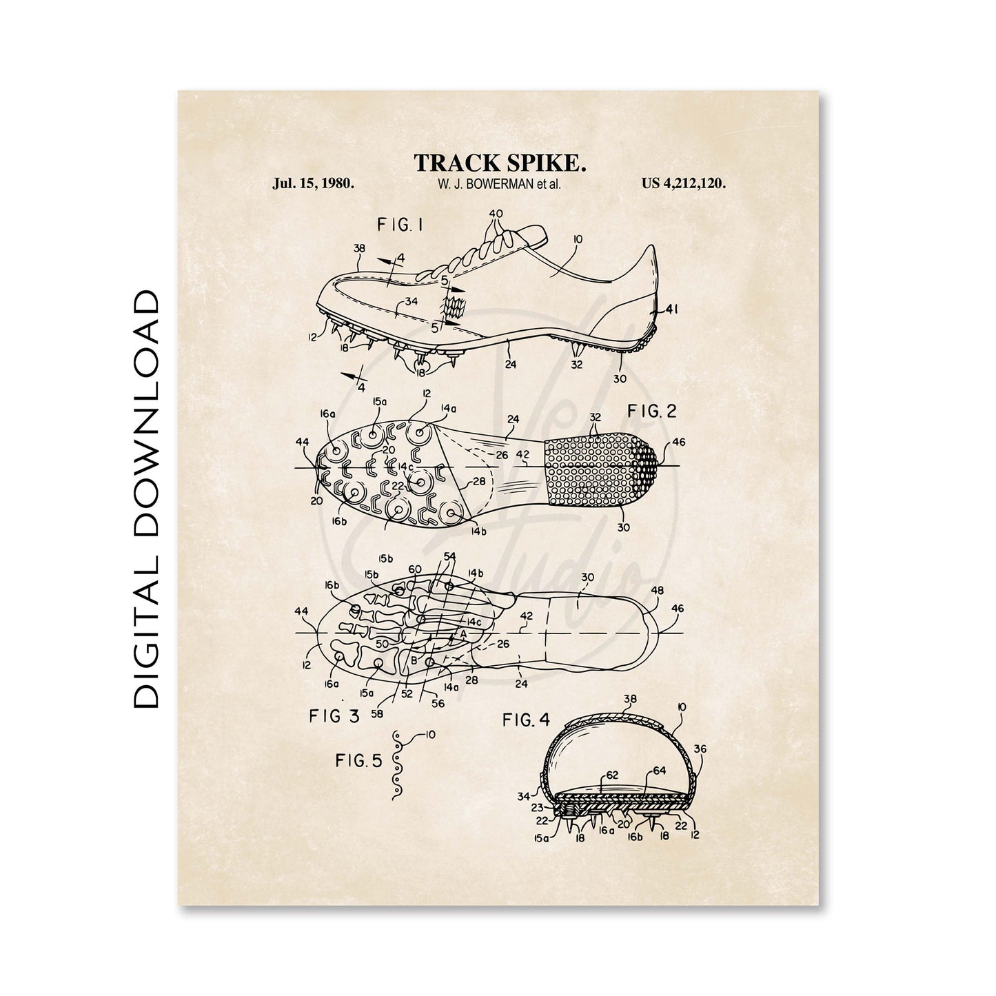 Patent illustration of a track spike on a beige background with 'Digital Download' text.
