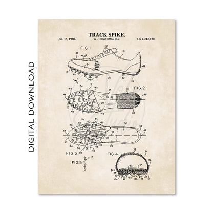 Patent illustration of a track spike on a beige background with 'Digital Download' text.