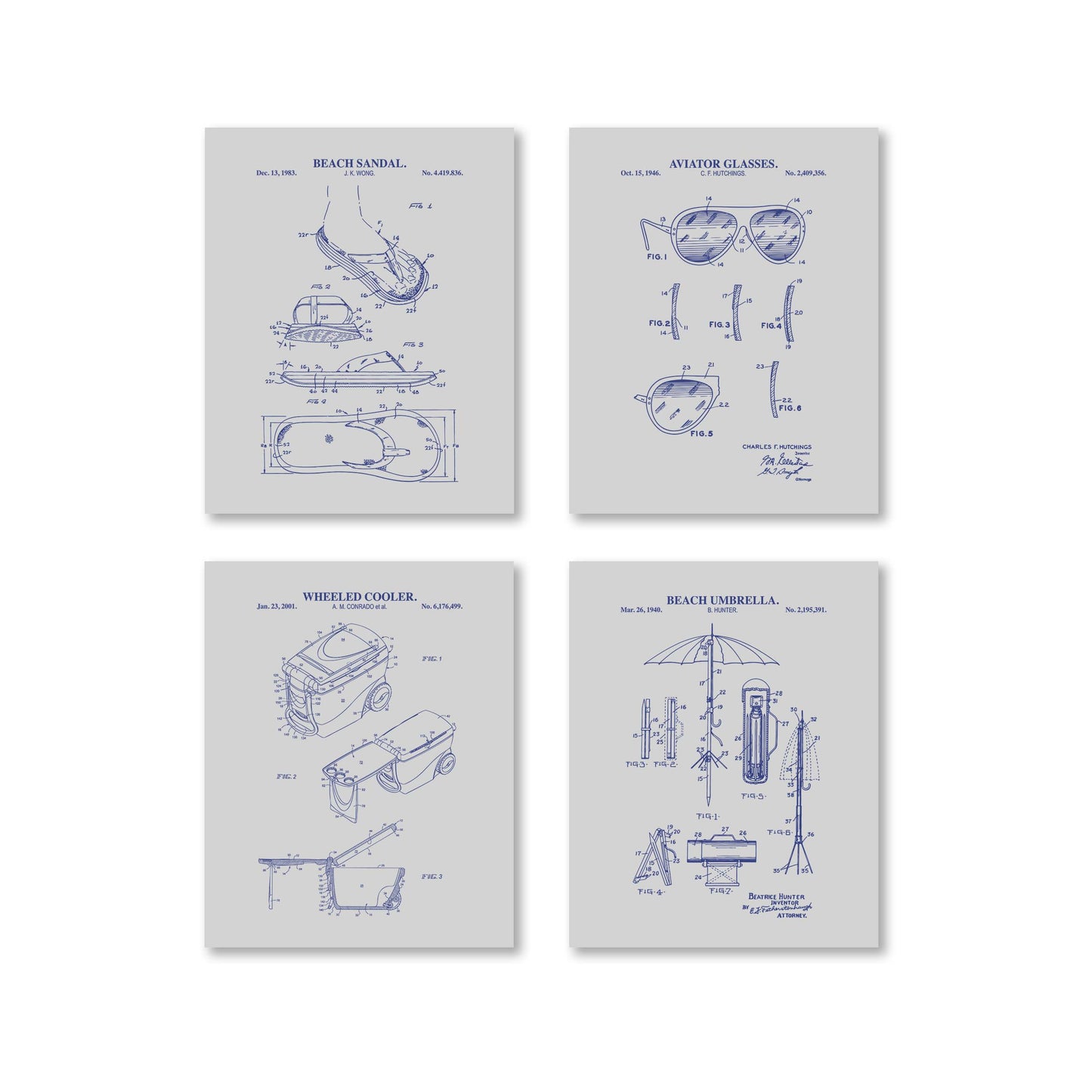 Four beach themed patent-style prints on a white background, featuring beach-themed inventions.