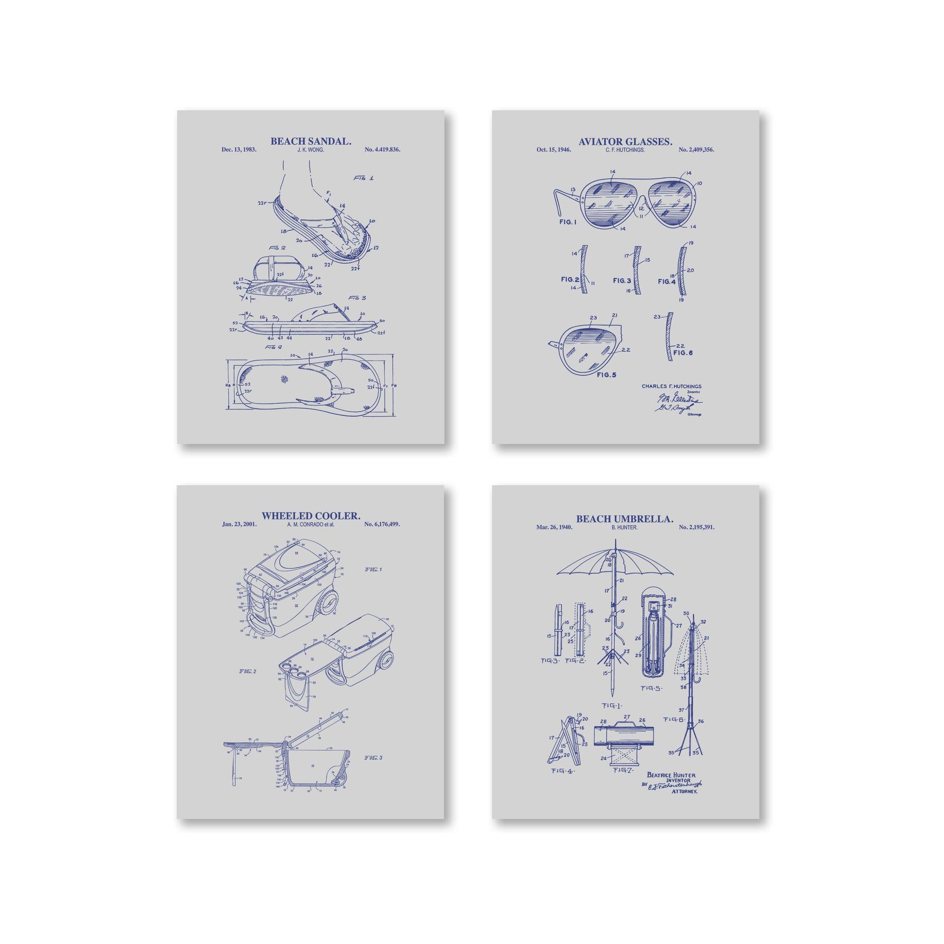 Four beach themed patent-style prints on a white background, featuring beach-themed inventions.