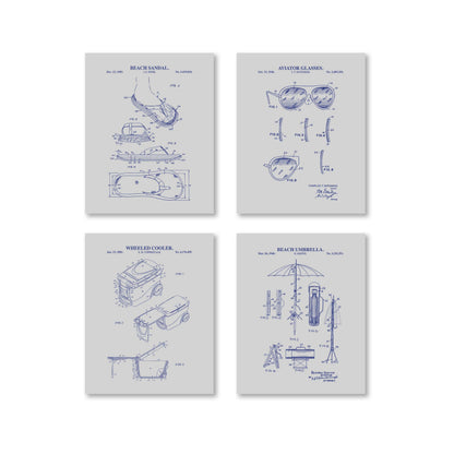 Four beach themed patent-style prints on a white background, featuring beach-themed inventions.