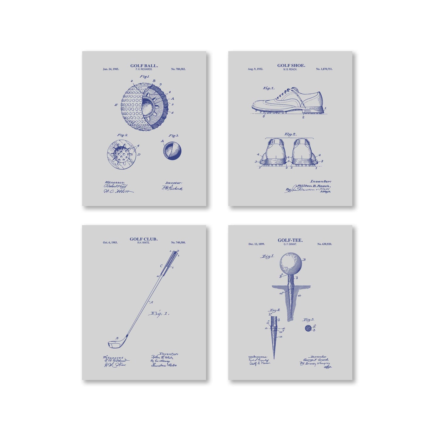Four gray golf themed patent prints on a white wall