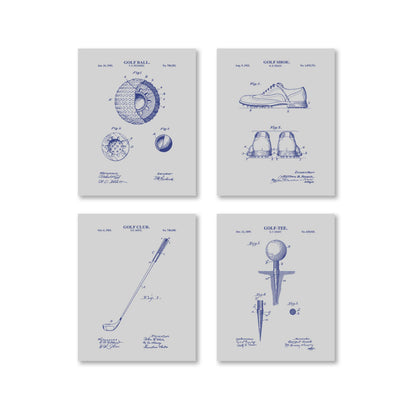 Four gray golf themed patent prints on a white wall