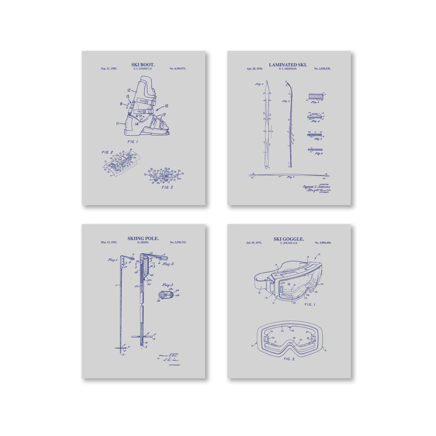 Skiing Patent Wall Art Set - Boot, Ski, Pole and Goggle - Ready to Frame Prints