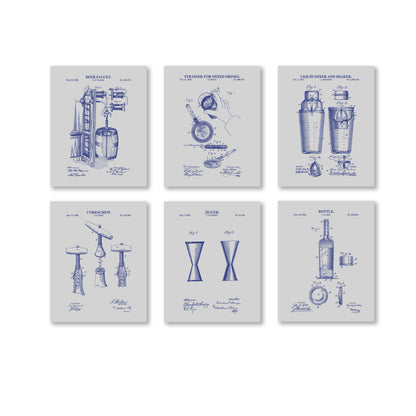 Bar Cart Patent Print Wall Art - Set of 6 Physical Prints