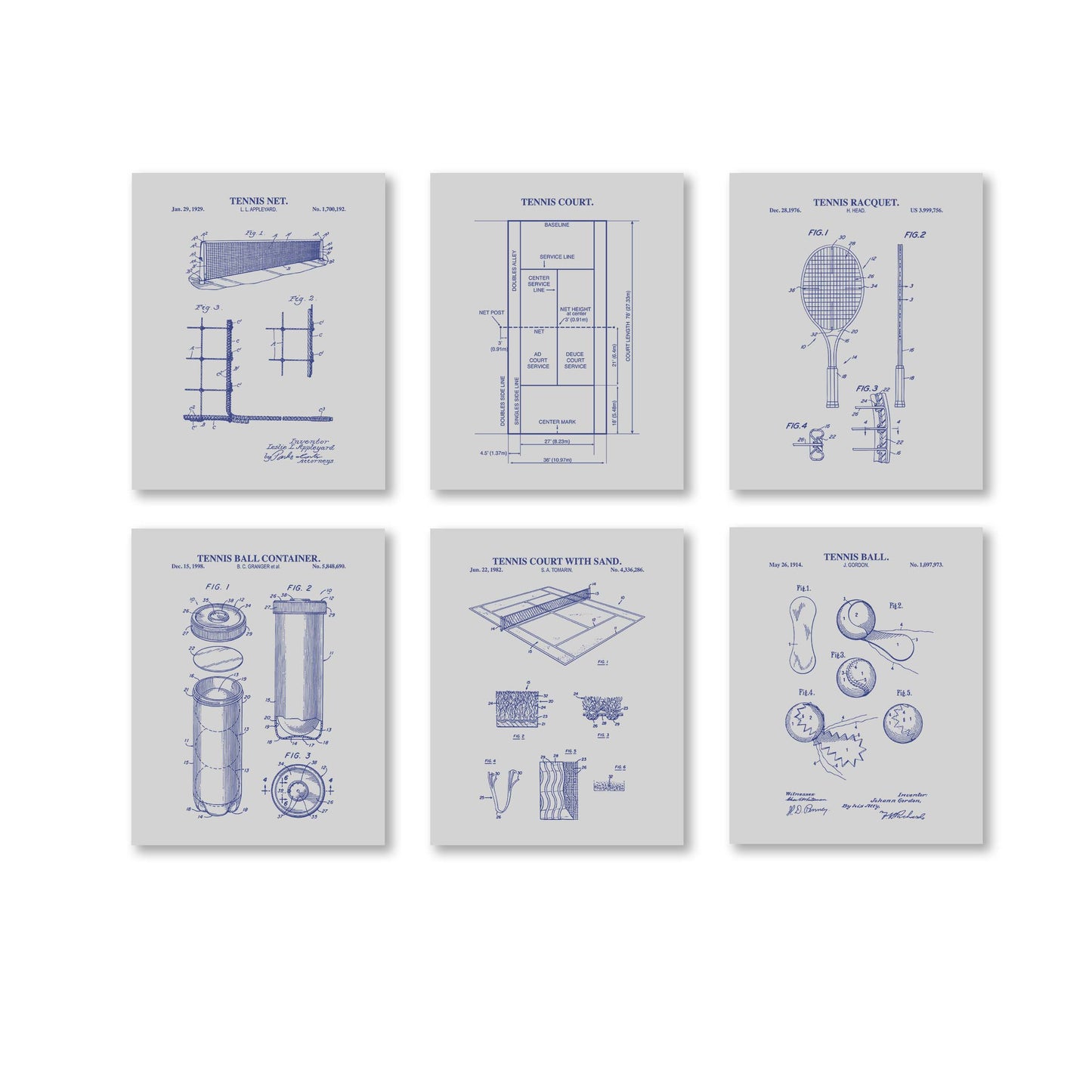 Tennis Patent Print Wall Art - Set of 6 Ready to Frame Prints