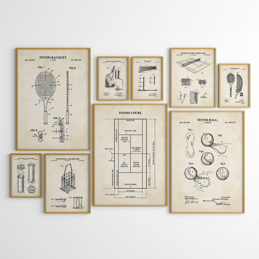 Nine-piece tennis digital wall art bundle with vintage-background patent illustrations of rackets, a ball and court equipment, plus a tennis court diagram.