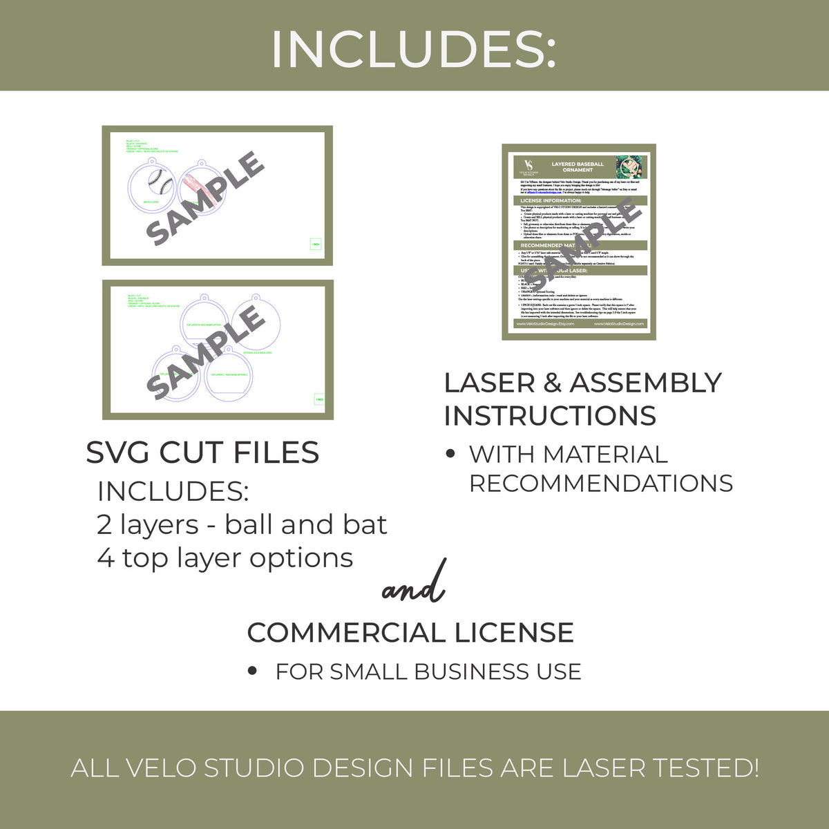 Promotional graphic for Velo Studio SVG cut files, showing included laser and assembly instructions, 2-layer ball and bat designs, and a commercial license note on a white background with olive-green header/footer bands.