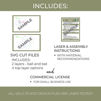 Promotional graphic for Velo Studio SVG cut files, showing included laser and assembly instructions, 2-layer ball and bat designs, and a commercial license note on a white background with olive-green header/footer bands.