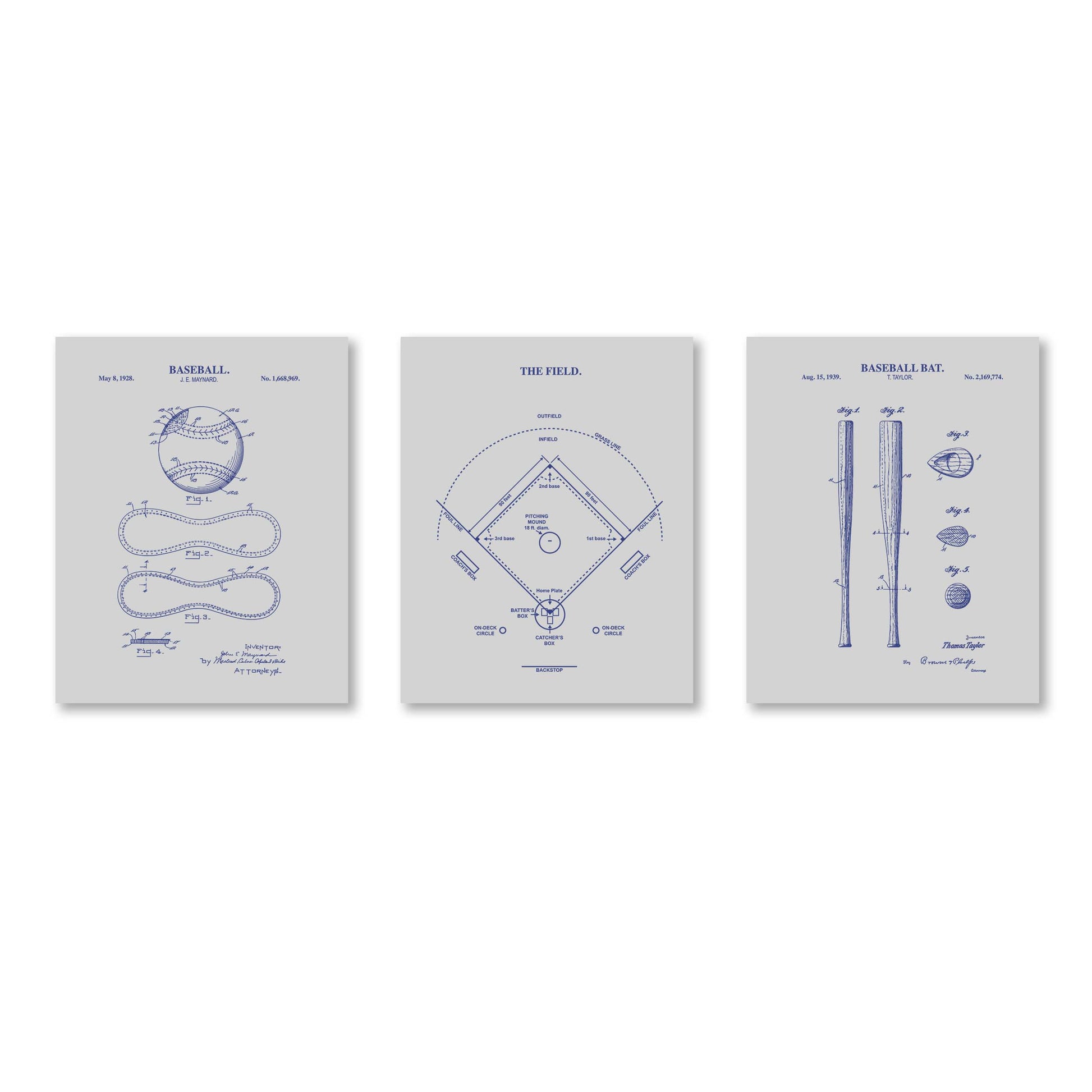 Three gray framed baseball-themed prints on a white background