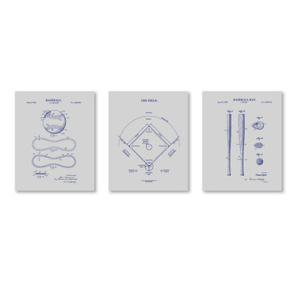 Three gray framed baseball-themed prints on a white background