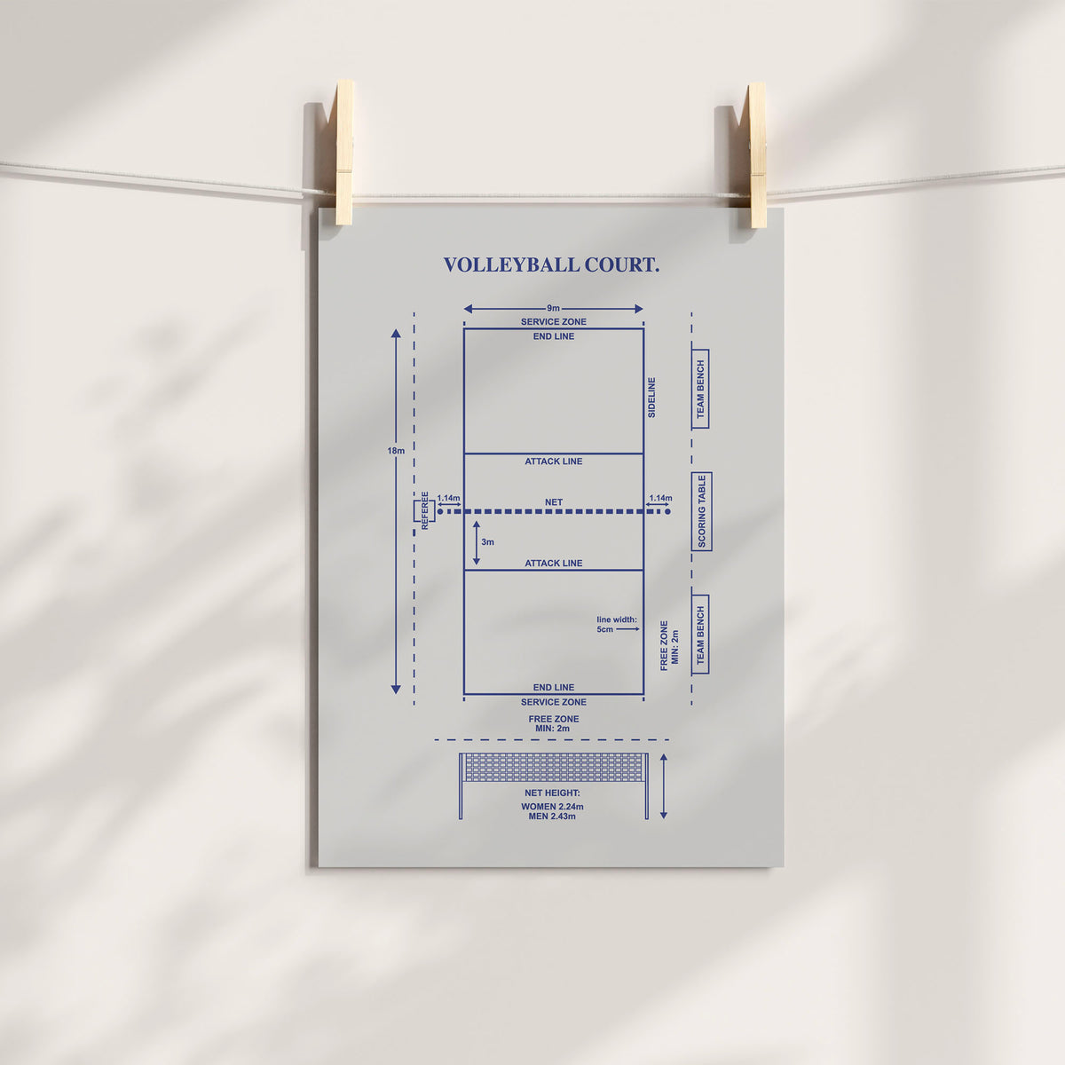 Gray and Navy volleyball court diagram print displayed unframed with wooden clips.