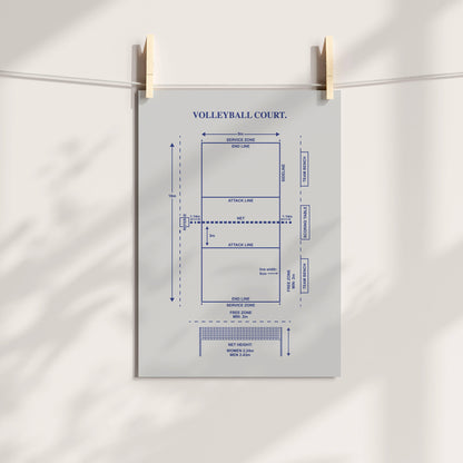 Gray and Navy volleyball court diagram print displayed unframed with wooden clips.