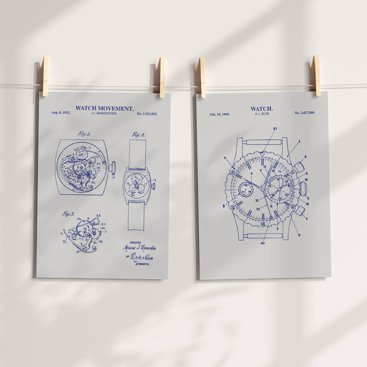 Vintage Watch Patent Wall Art | Mechanical Watch Set of 2 | Ready to Frame Prints