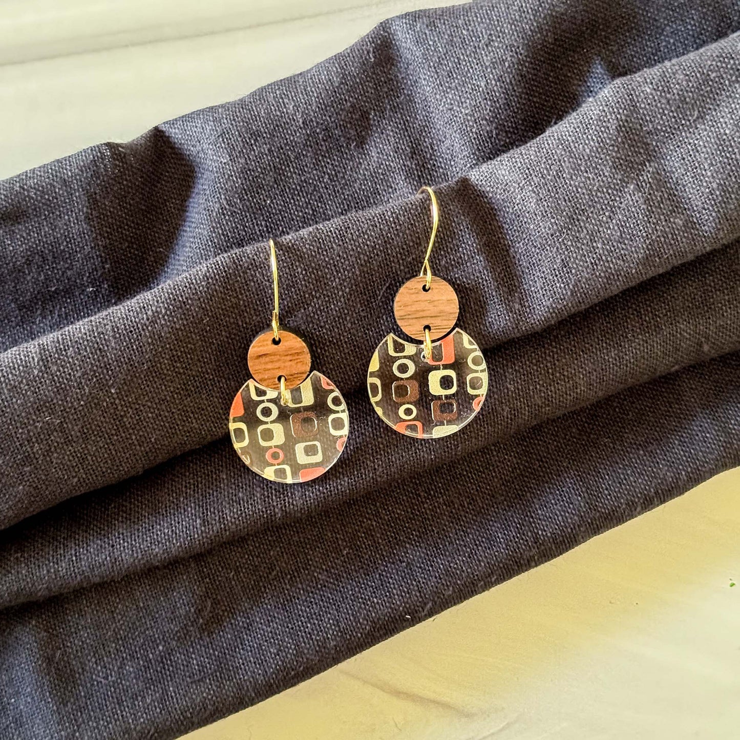 Retro Boho Wood & Acrylic Dangle Earrings