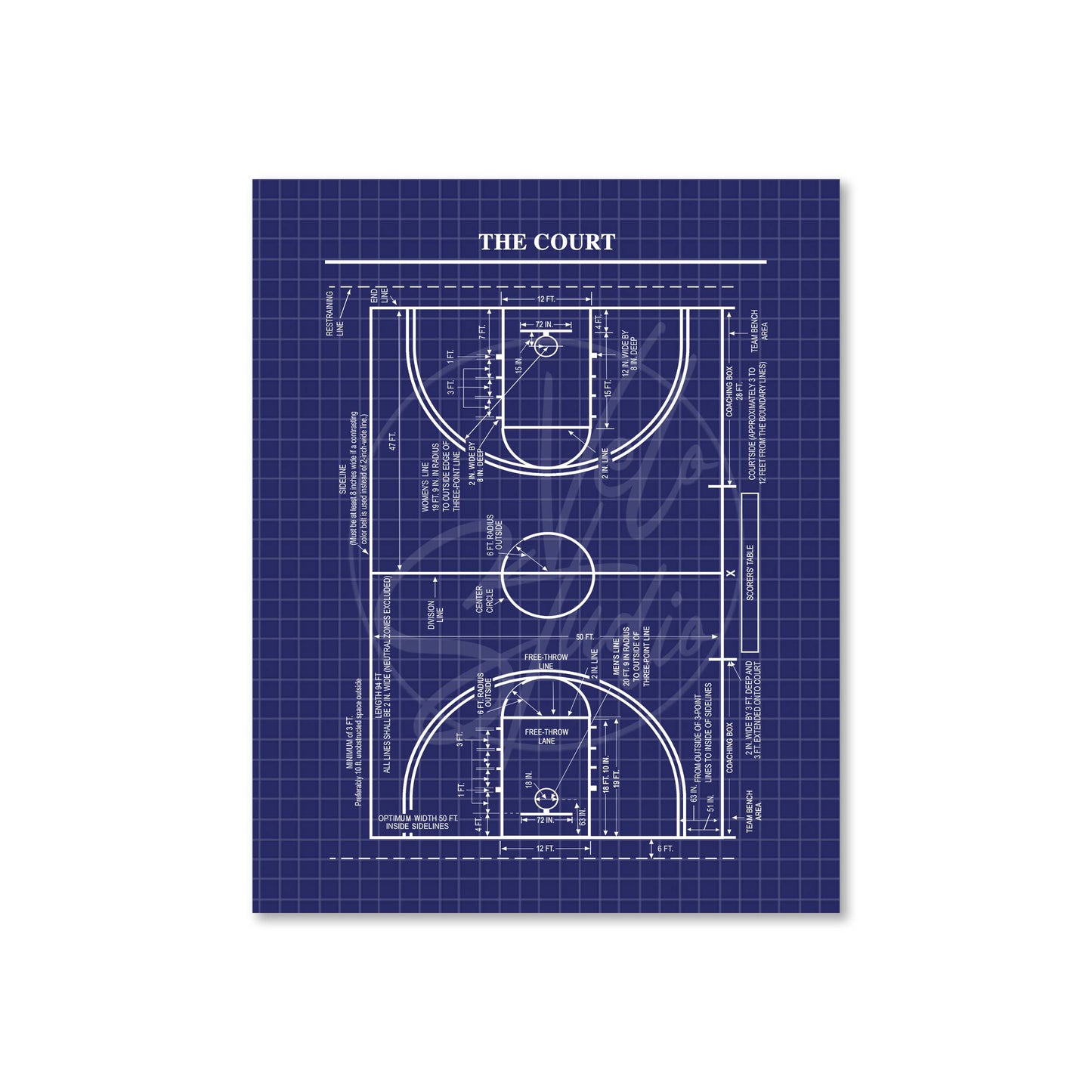 Basketball court blueprint on a blue grid background