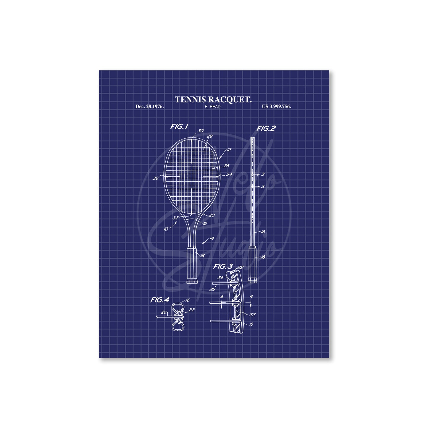Tennis Racquet Patent Wall Art Print - Ready to Frame Sports Office Decor