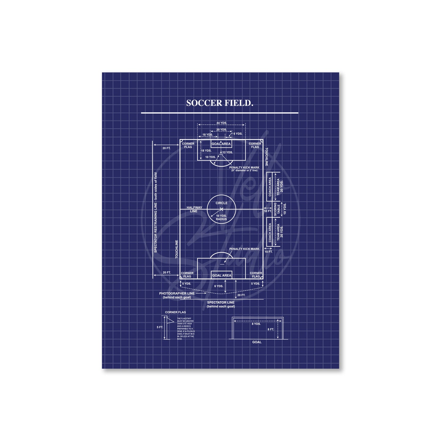 Blueprint-style diagram of a soccer field on a blue grid background