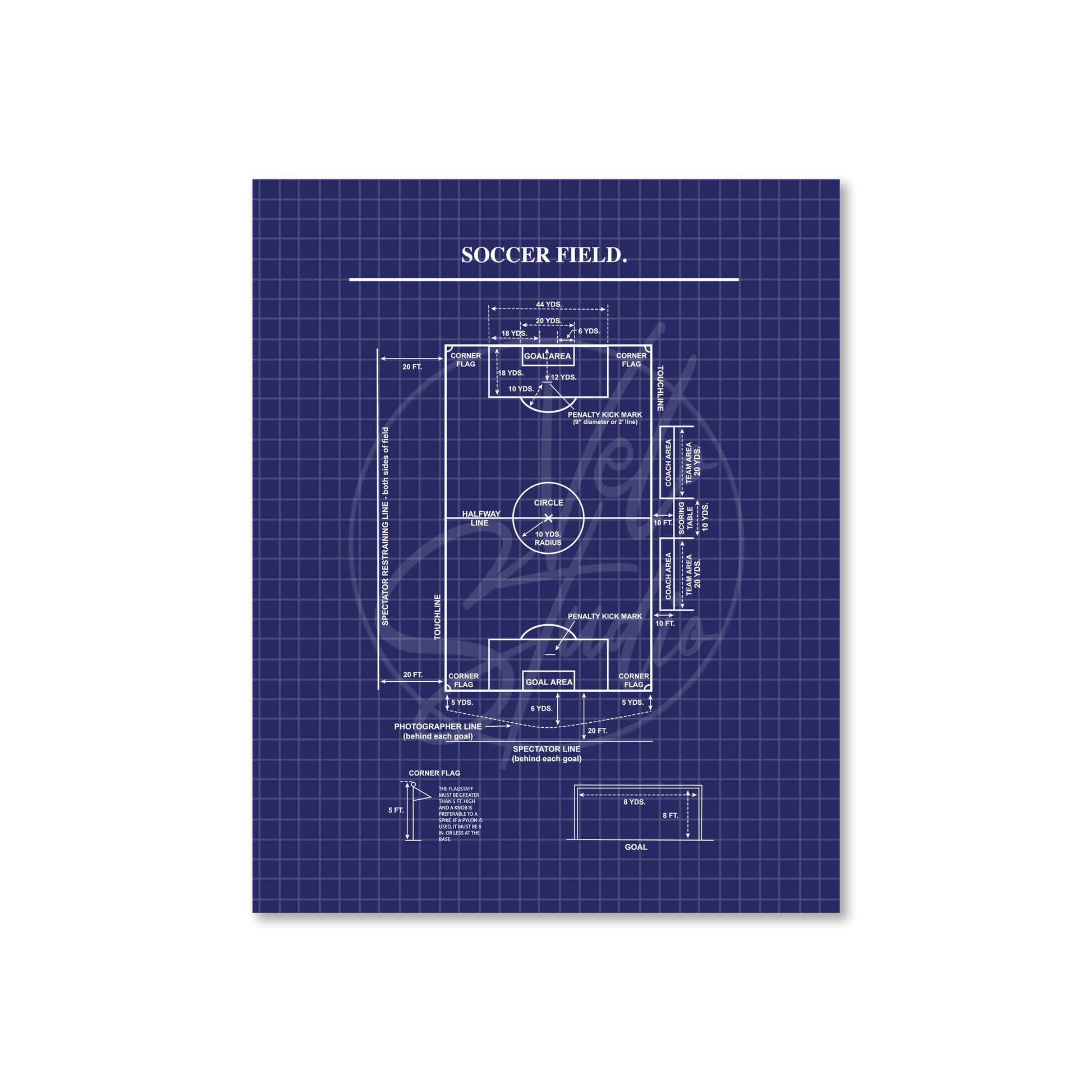 Blueprint-style diagram of a soccer field on a blue grid background