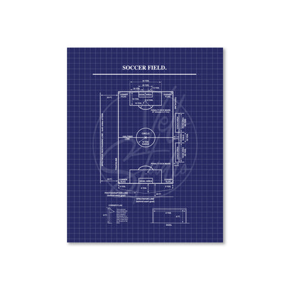 Blueprint-style diagram of a soccer field on a blue grid background