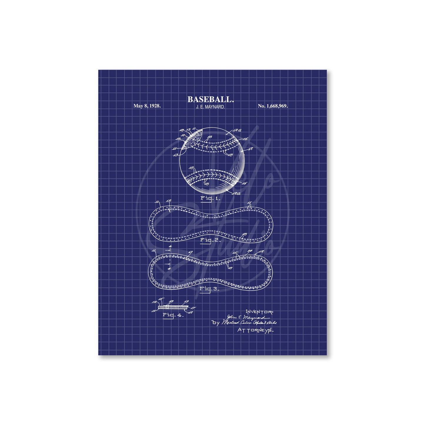 Baseball design patent on a blue grid background