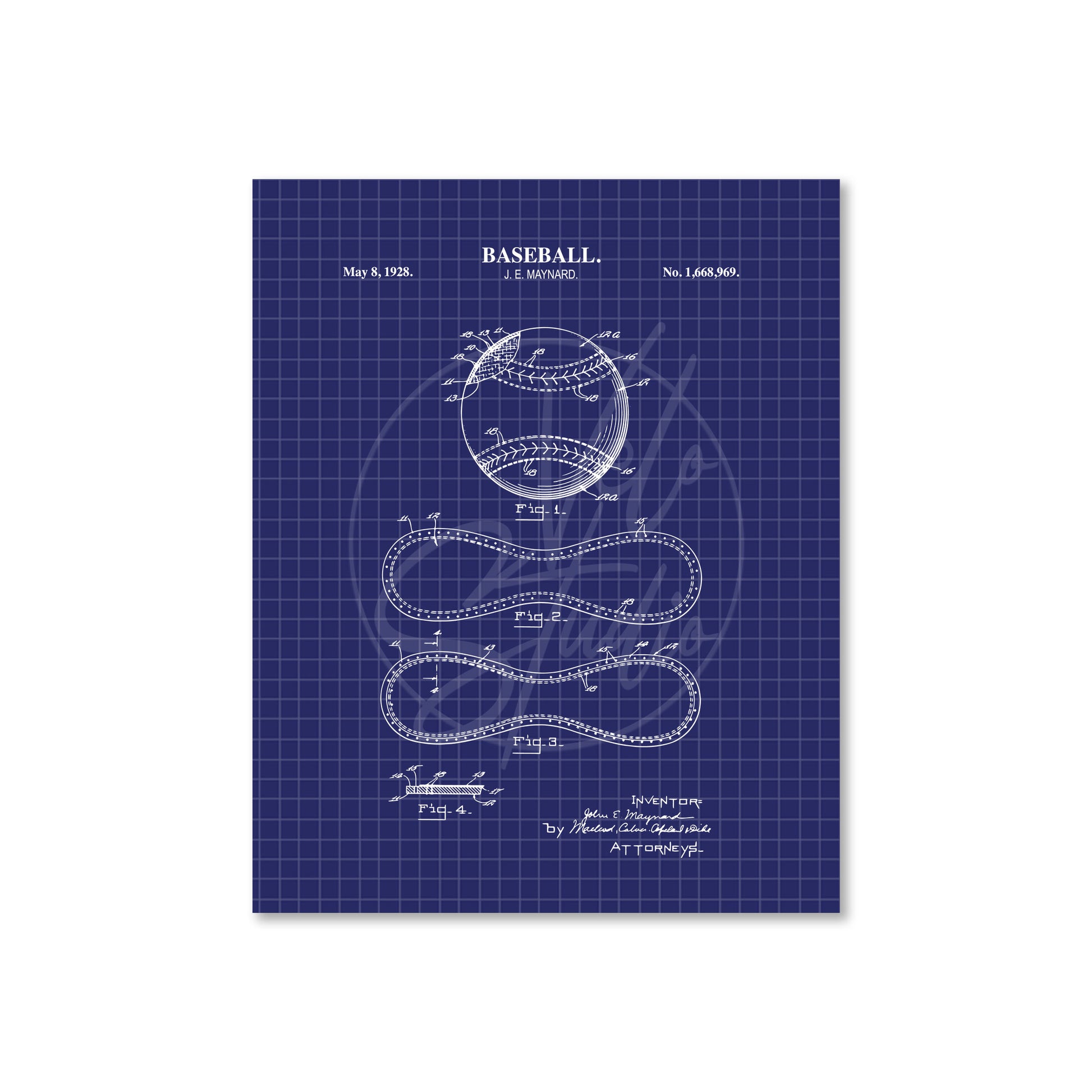 Baseball design patent on a blue grid background