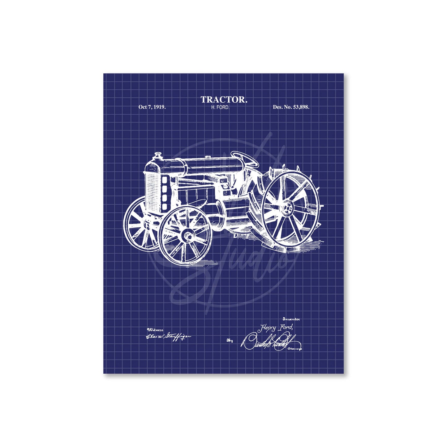 Blueprint-style tractor design on a blue grid background