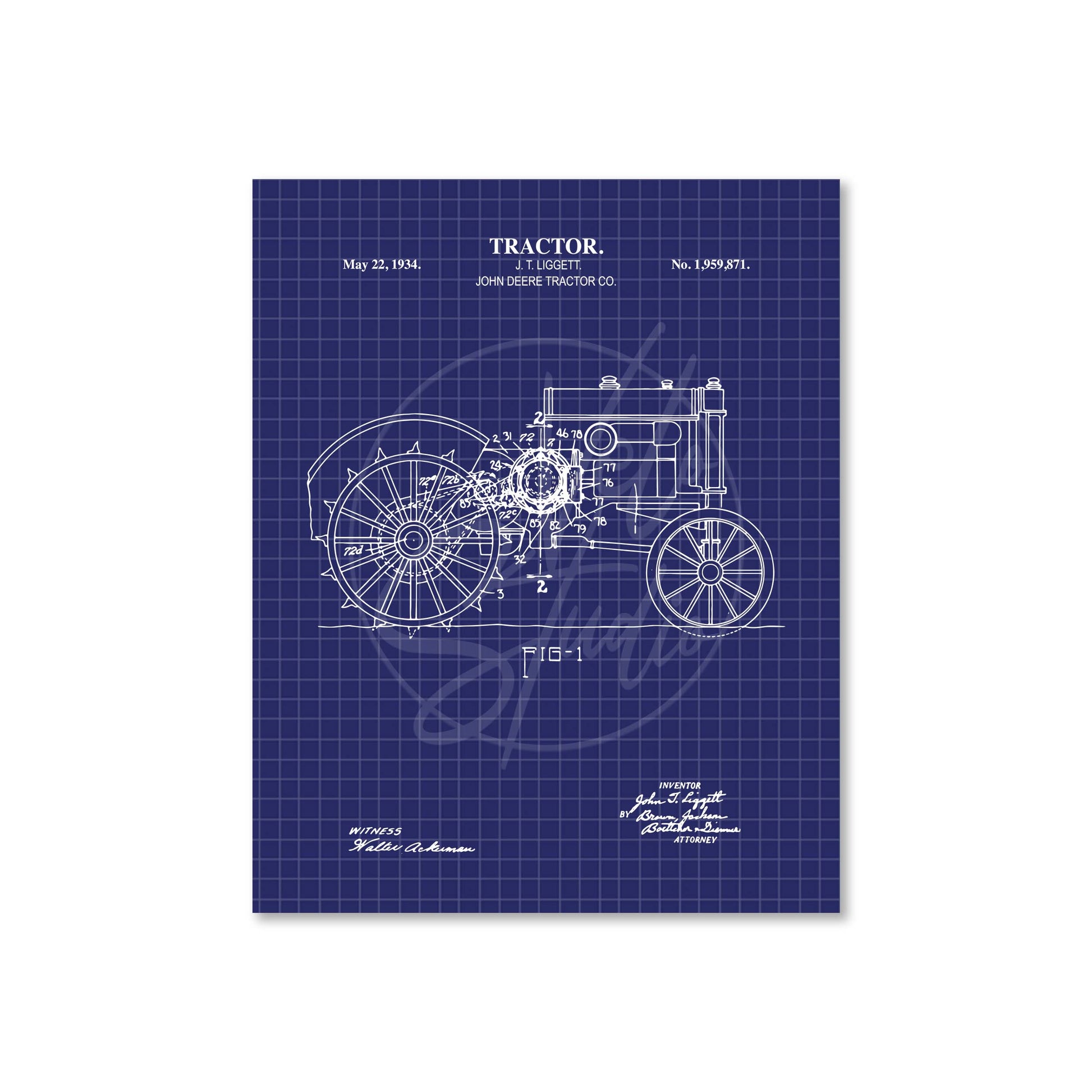Blueprint-style tractor design on a blue grid background