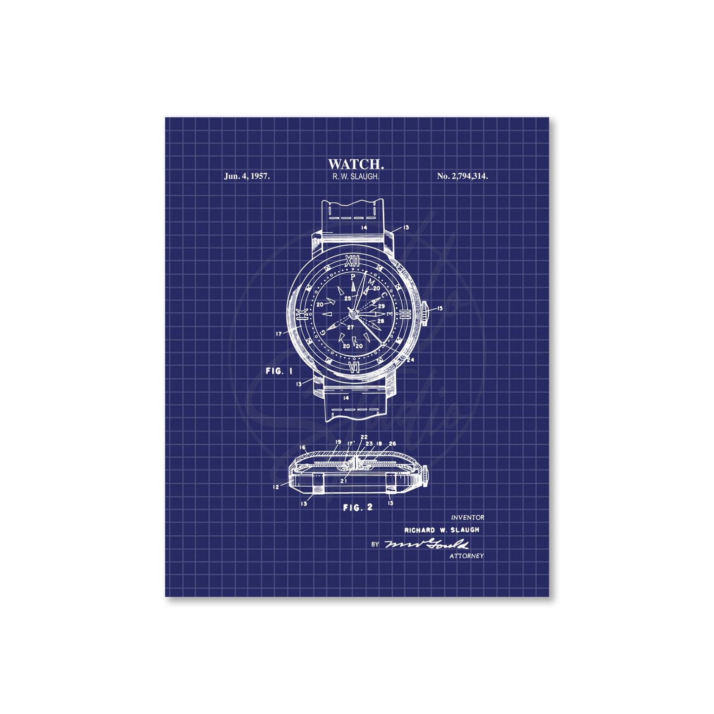 Watch blueprint on a blue grid background