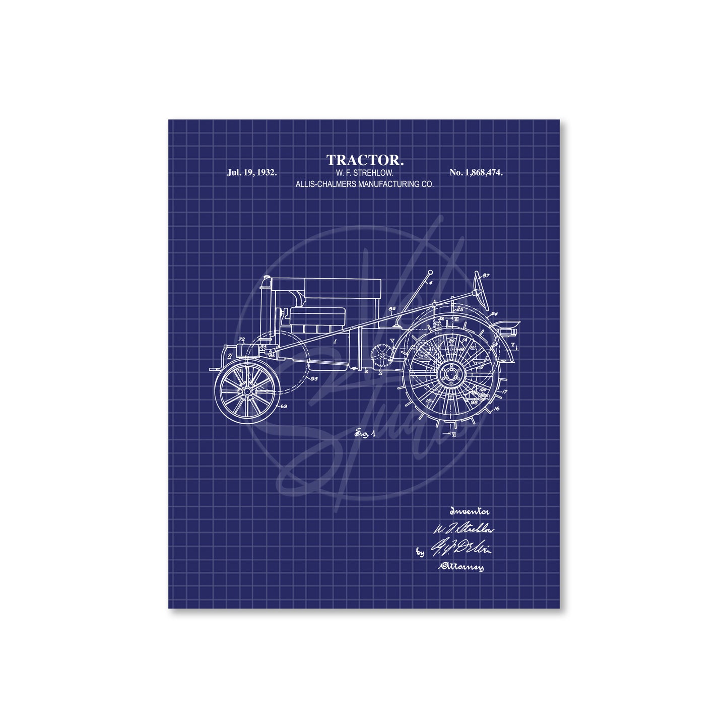 Blueprint-style illustration of a tractor on a blue grid background