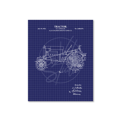 Blueprint-style illustration of a tractor on a blue grid background