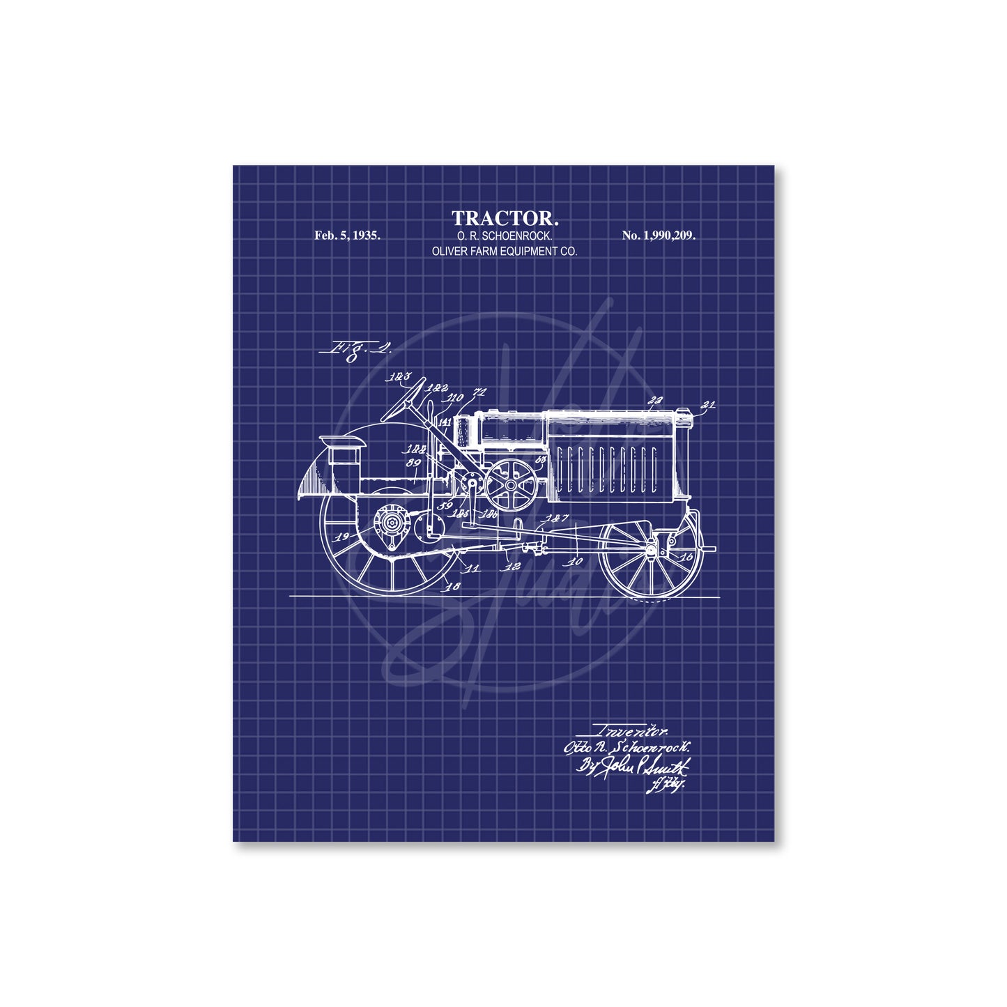 Blueprint-style illustration of a tractor on a blue grid background