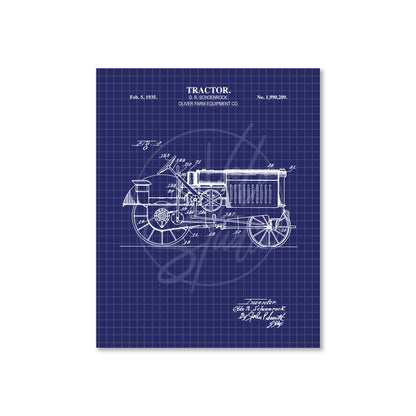 Blueprint-style illustration of a tractor on a blue grid background