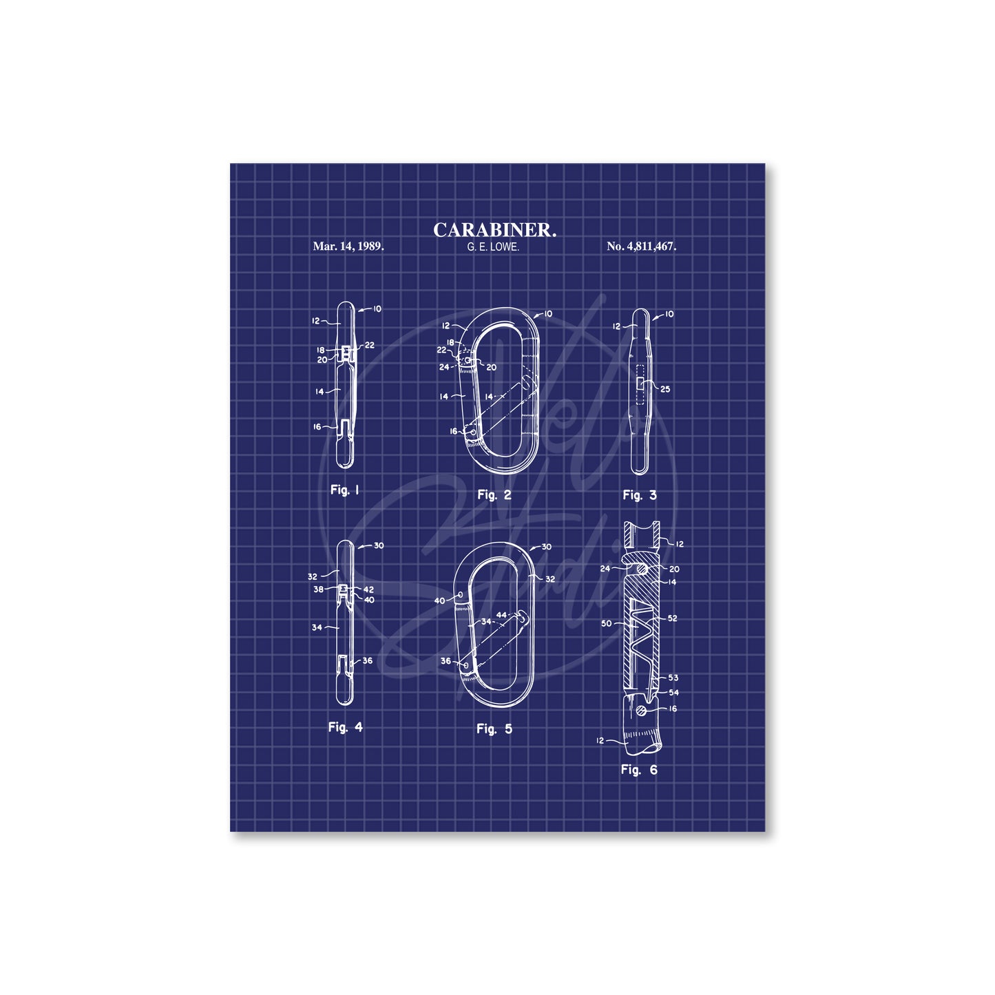 Carabiner patent blueprint on a blue grid background