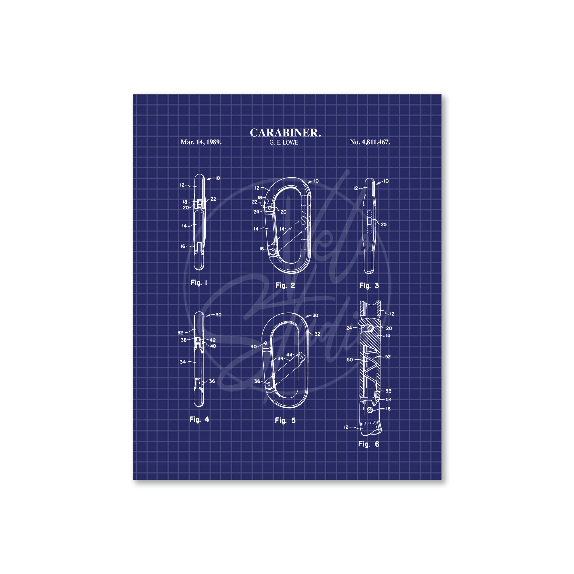 Carabiner patent blueprint on a blue grid background