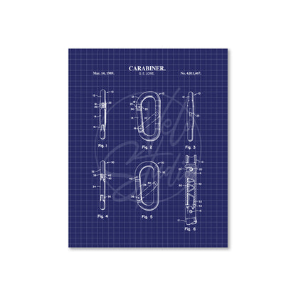 Carabiner patent blueprint on a blue grid background